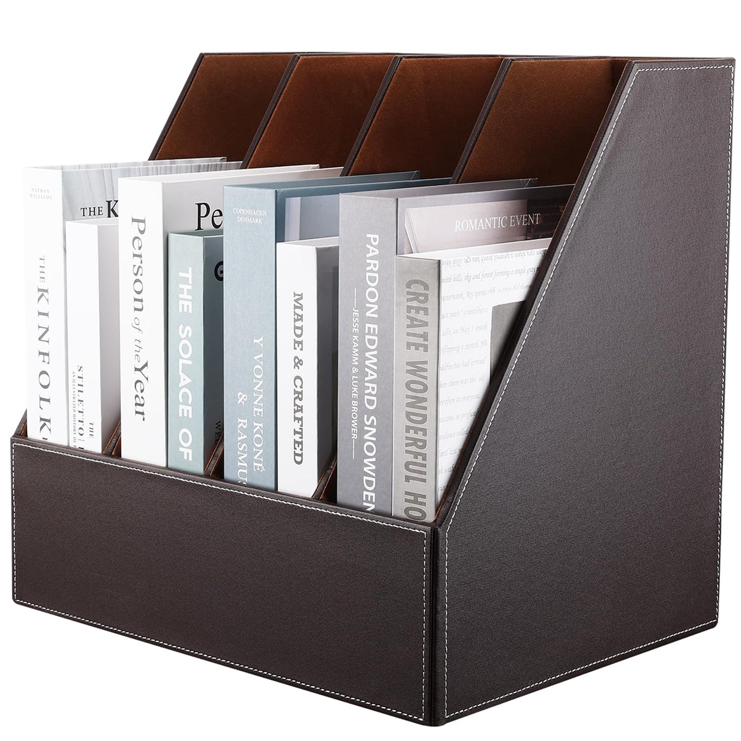 KINGFOM 4-Slot Wood Leather Document Files Holder Rack Stand Desk Files Organizer Papers Collection Cabinet (4 slot brown)