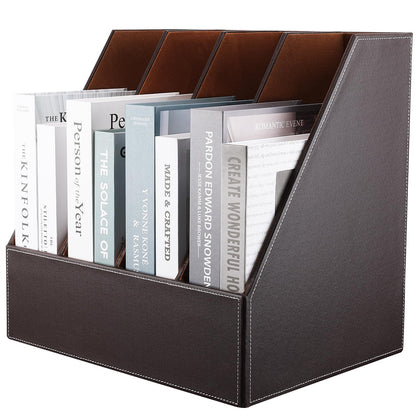 KINGFOM 4-Slot Wood Leather Document Files Holder Rack Stand Desk Files Organizer Papers Collection Cabinet (4 slot brown)
