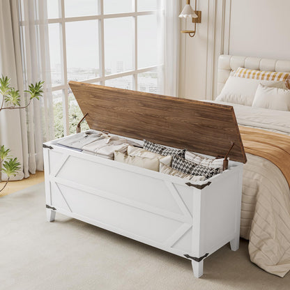 HOOBRO 47.2" Toy Box, Storage Bench with Safety Hinges, Toy Chest Storage, Wooden Storage Chest for Bedroom, Living Room, White and Walnut WH16CW01