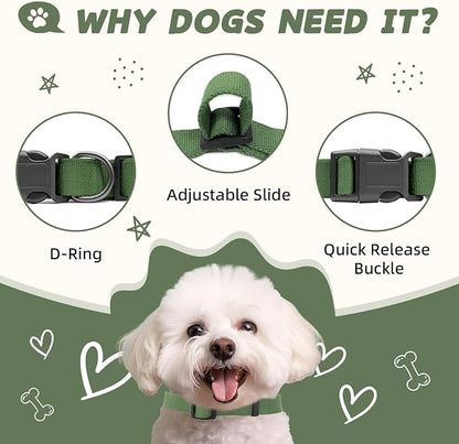 Dog Collar, Olive Green, Adjustable, Quick Release Buckle, 90% Rayon Derived from Bamboo, 10% Polyester, Small, Medium, or Large, for Large Dogs
