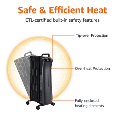 Amazon Basics Portable Oil Space Heater with 7 Oil-Filled Fins, 3 Heat Settings, Adjustable Thermostat, Tip-Over and Overheat Protection, ETL Safety Certificate, 1500W, Black