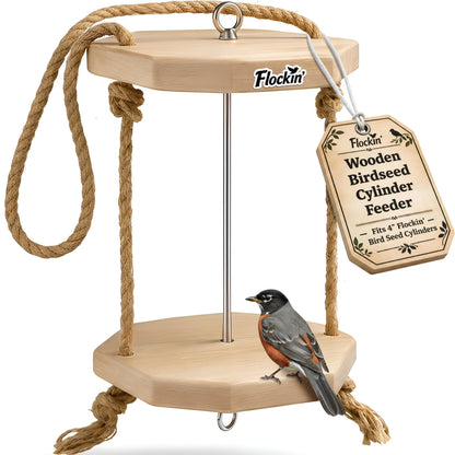 Cylinder Bird Feeders for Outdoors - Weather Resistant Wood Cylinder Feeder with a Bird Safe Protective Clear Finish - Holds Bird Seed Cylinders with Hole, Logs, & Birdseed Cakes