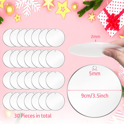 Cludoo 3.5 Inch Acrylic Ornaments Blanks, 30pcs Clear Round Acrylic Ornament Blanks, Acrylic Circle Disc Ornament Blanks with Hole for Vinyl, Christmas Decor, Engraving, Painting, and DIY Crafting