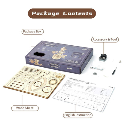 ROKR 3D Wooden Puzzle for Adults Airplane Tower Music Box - DIY Mechanical Model Building Kit 10", Birthday Gifts for Men/Women/Parents/Family
