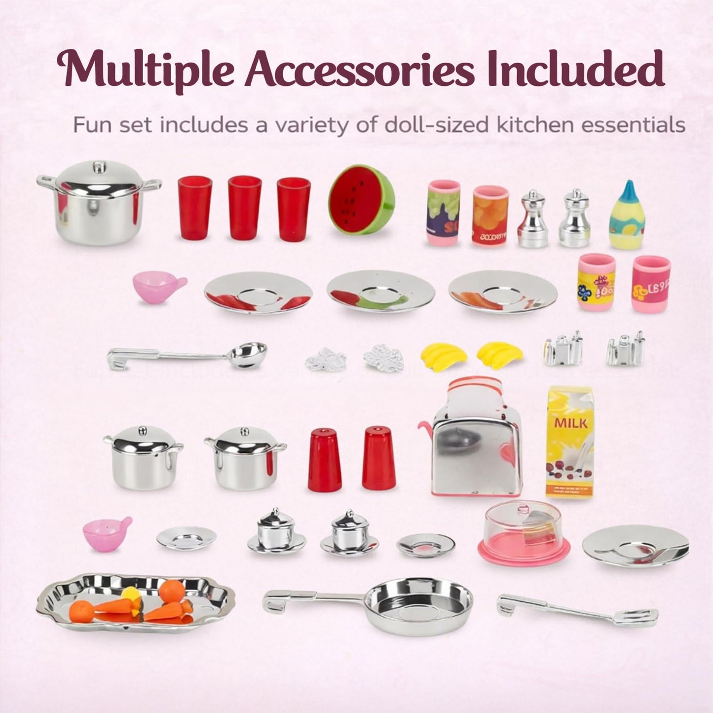 Doll Kitchen Playset for Kids, My Modern Mini Kitchen House Furniture Pretend Play Toy Accessories Set with Realistic Lights & Sounds for Toddlers, Girls (4-in-1)
