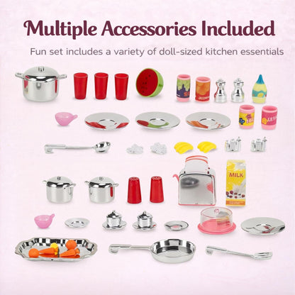 Doll Kitchen Playset for Kids, My Modern Mini Kitchen House Furniture Pretend Play Toy Accessories Set with Realistic Lights & Sounds for Toddlers, Girls (4-in-1)
