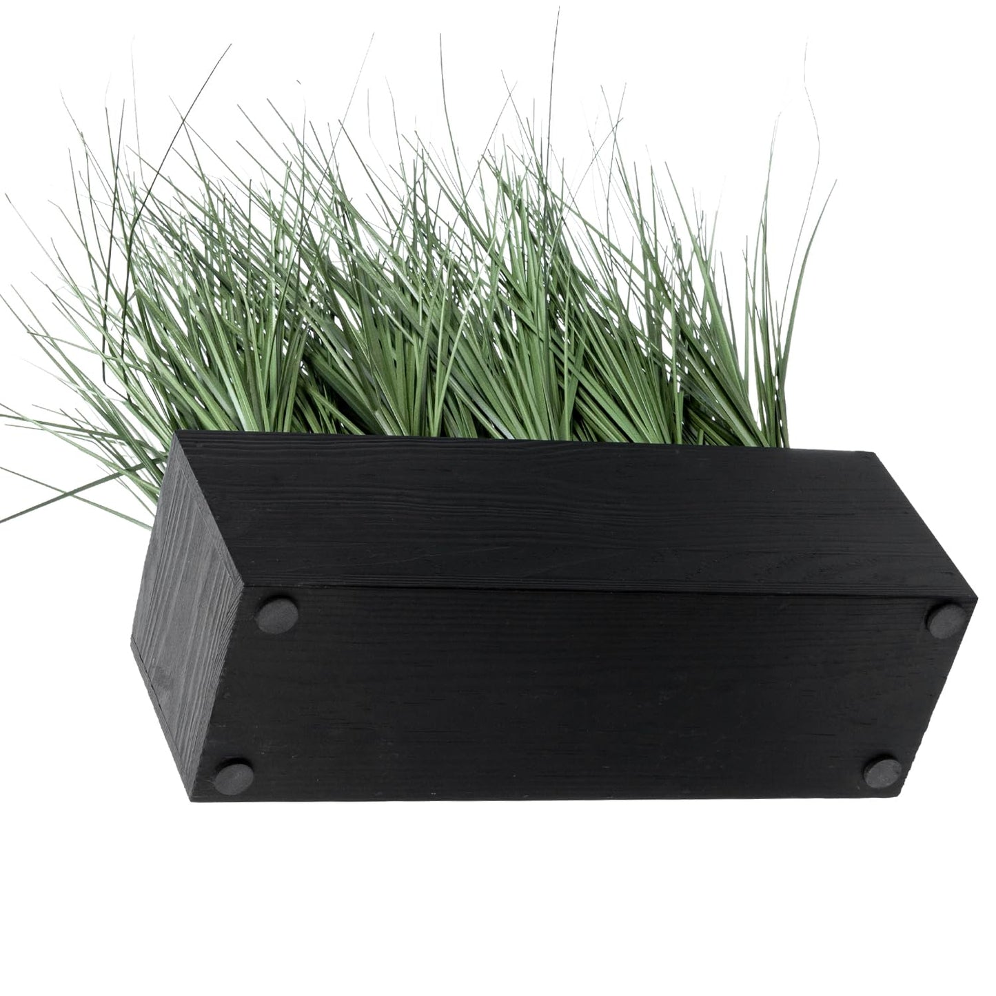 MyGift 12 Inch Desktop Artificial Green Grass Plants Faux Greenery Centerpiece with Rustic Black Solid Wood Planter Box
