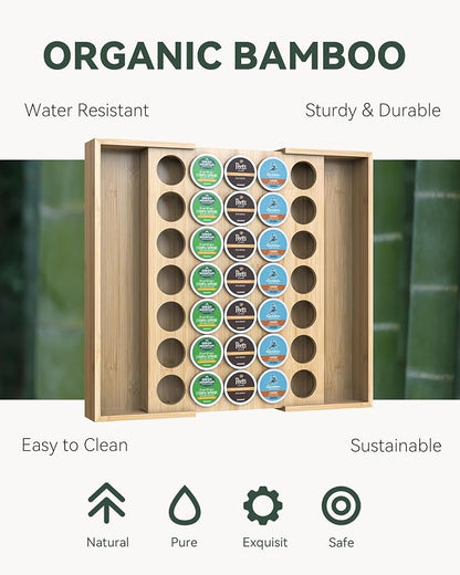 Larger Expandable Bamboo Coffee Pod Holder for Counter Drawer Display, 35 Pod Capacity, K-Cup Pods - Tea Bags Storage Organizer Holder (Bamboo)
