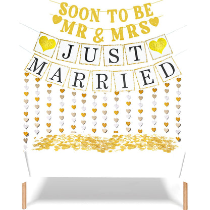 Wedding Banner Just Married Party Decorations Heart Streamers Garland Glitter Paper Diamond Ring Confetti for Bridal Shower Decor Home Party Engagement Party Bride'S Room Photp Prop Decorations