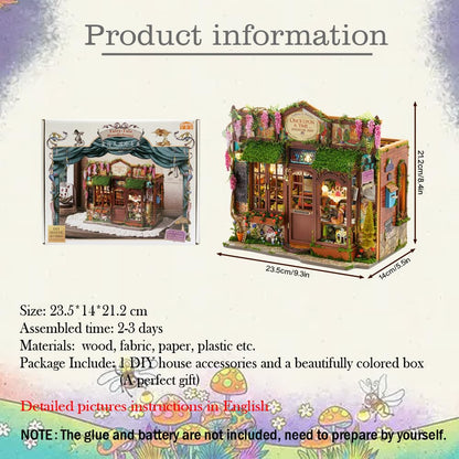 DIY Dollhouse Miniature Kit, Mini Fairy Tale Shop Puzzle Model 1:24 Scale Dolls House Store Furniture Accessories and LED Lights Kid Boy Girl Birthday