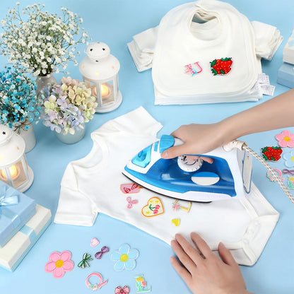 80 Pcs Baby Shower DIY Bodysuit Bibs Set Spring Iron on Transfers Cute Strawberry Bow Patches Baby Shower Decorating Kit 9 Cotton Bodysuits 9 Bibs 62 Iron on Embroidered Patches for Party Games