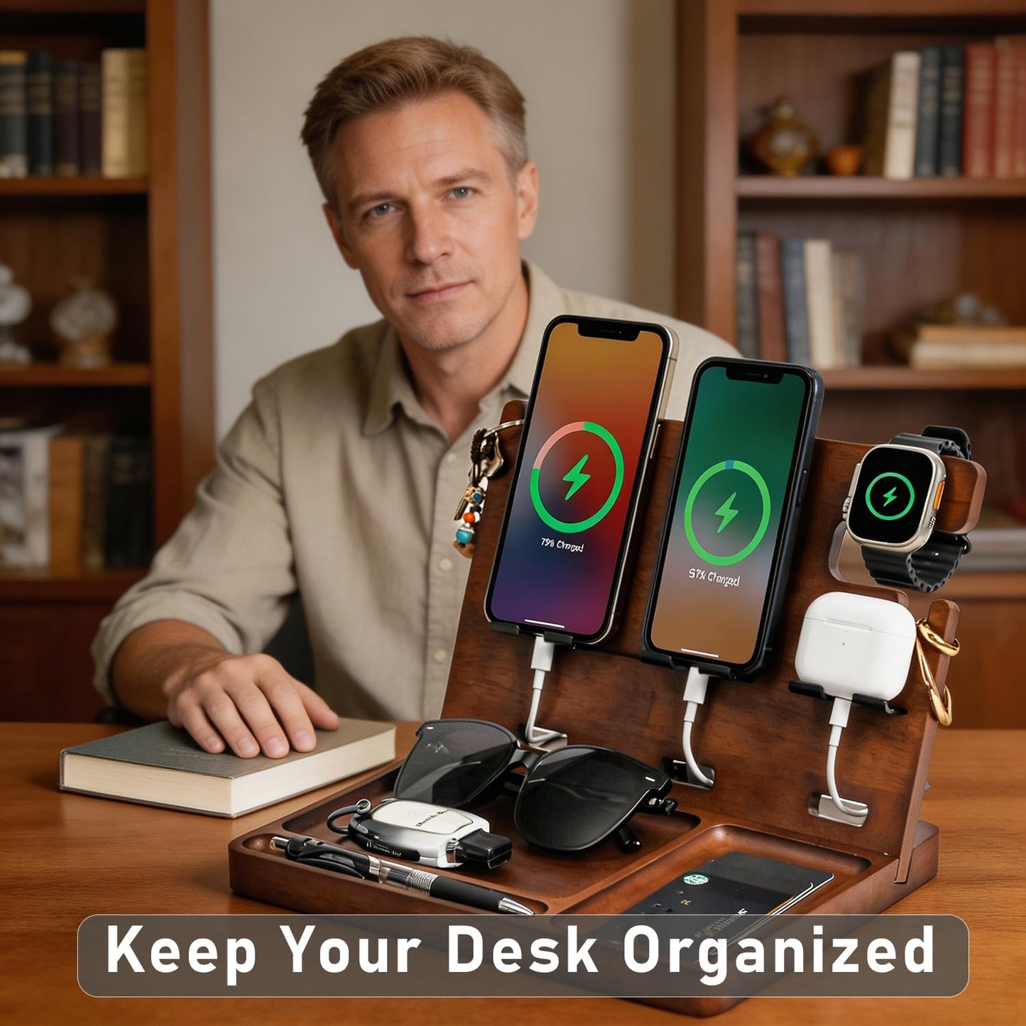 Xunhomon Wood Phone Docking Station Nightstand Organizer Charging Station with QC 3.0 & PD22.5W Fast Charger for iPhone Samsung Android Watch Airpod Anniversary Birthday Gifts for Men