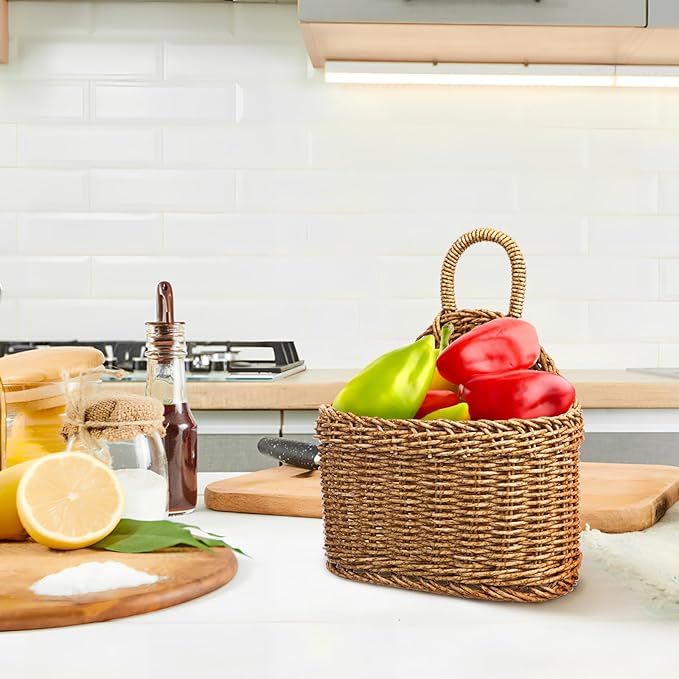 Woven Hanging Storage Basket for Kitchen 9.64X7.48X3.93In Rattan Wall Basket