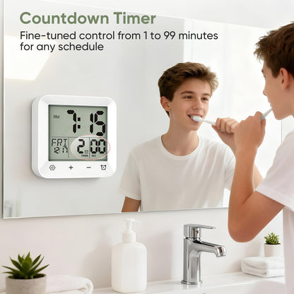 onannos Bathroom Clock Waterproof Shower Timer, Digital Wall Clock with Countdown, Touch Screen, LCD Display, Temperature, Suction Cup/Hanging Hole/Stand, Spa Sauna, Kids and Adults I White
