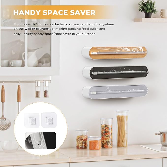 Magnetic Plastic Wrap Dispenser with Cutter - Practical Refillable Cling Wrap Aluminum Foil Dispenser with Slide Cutter, 12 Inch X 164 Feet Kitchen Food Cling Film Included, Bamboo-style