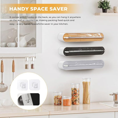 Magnetic Plastic Wrap Dispenser with Cutter - Practical Refillable Cling Wrap Aluminum Foil Dispenser with Slide Cutter, 12 Inch X 164 Feet Kitchen Food Cling Film Included, Bamboo-style