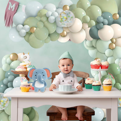 iLaFm 150Pcs Dusty Blue Green Balloon Garland Arch Kit, Ash Mist Green Haze Fog Blue Sand White Gold Balloons for Baby Shower Jungle Safari Woodland Wild One Bridal Birthday Party Decorations