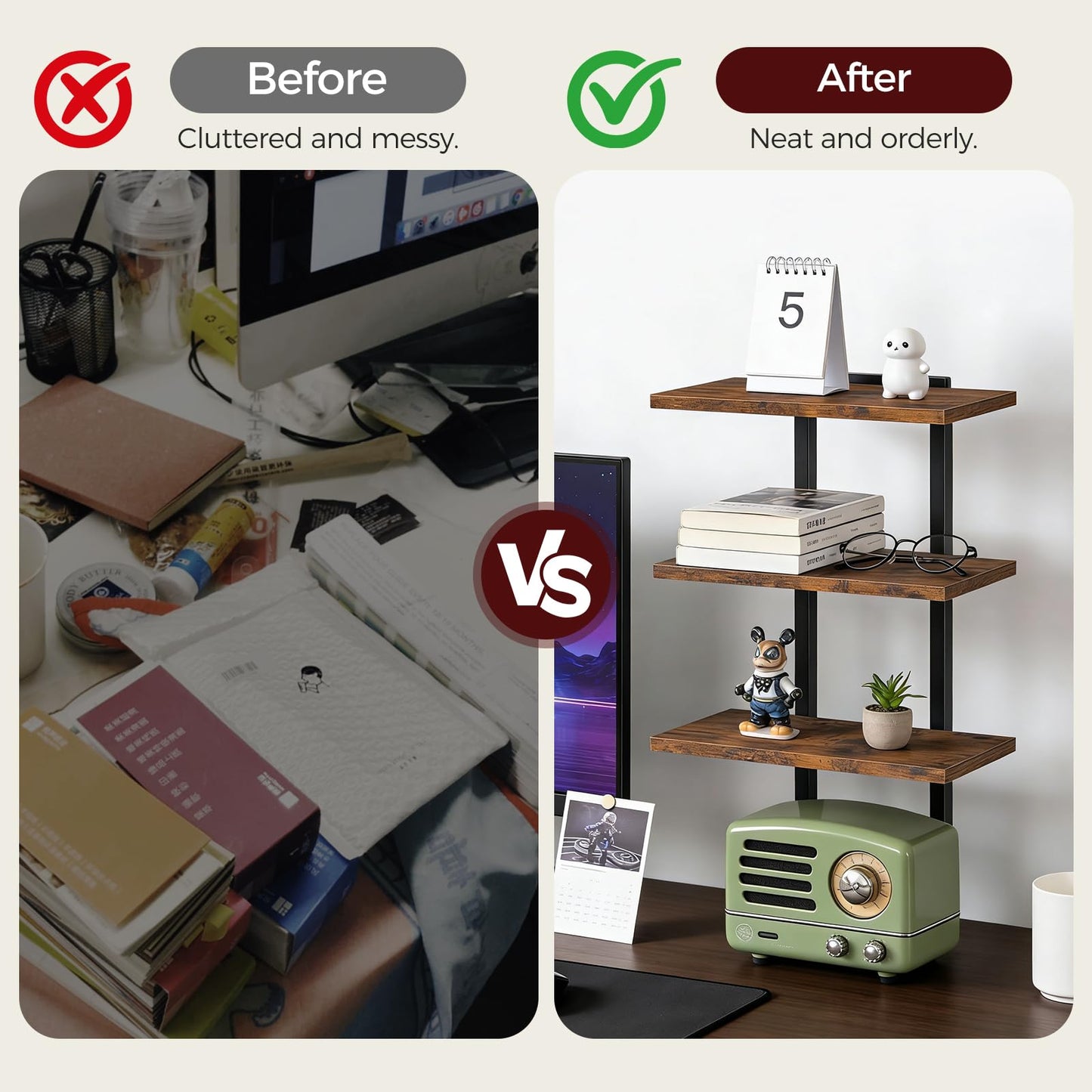 MAHANCRIS Clamp On Desk Organizer, 3-Tier Desktop Bookshelf, Adjustable Desk Storage Shelf, Metal Frame, for Office, Study and Game Room, Rustic Brown DSHR3601