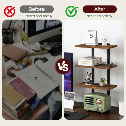MAHANCRIS Clamp On Desk Organizer, 3-Tier Desktop Bookshelf, Adjustable Desk Storage Shelf, Metal Frame, for Office, Study and Game Room, Rustic Brown DSHR3601