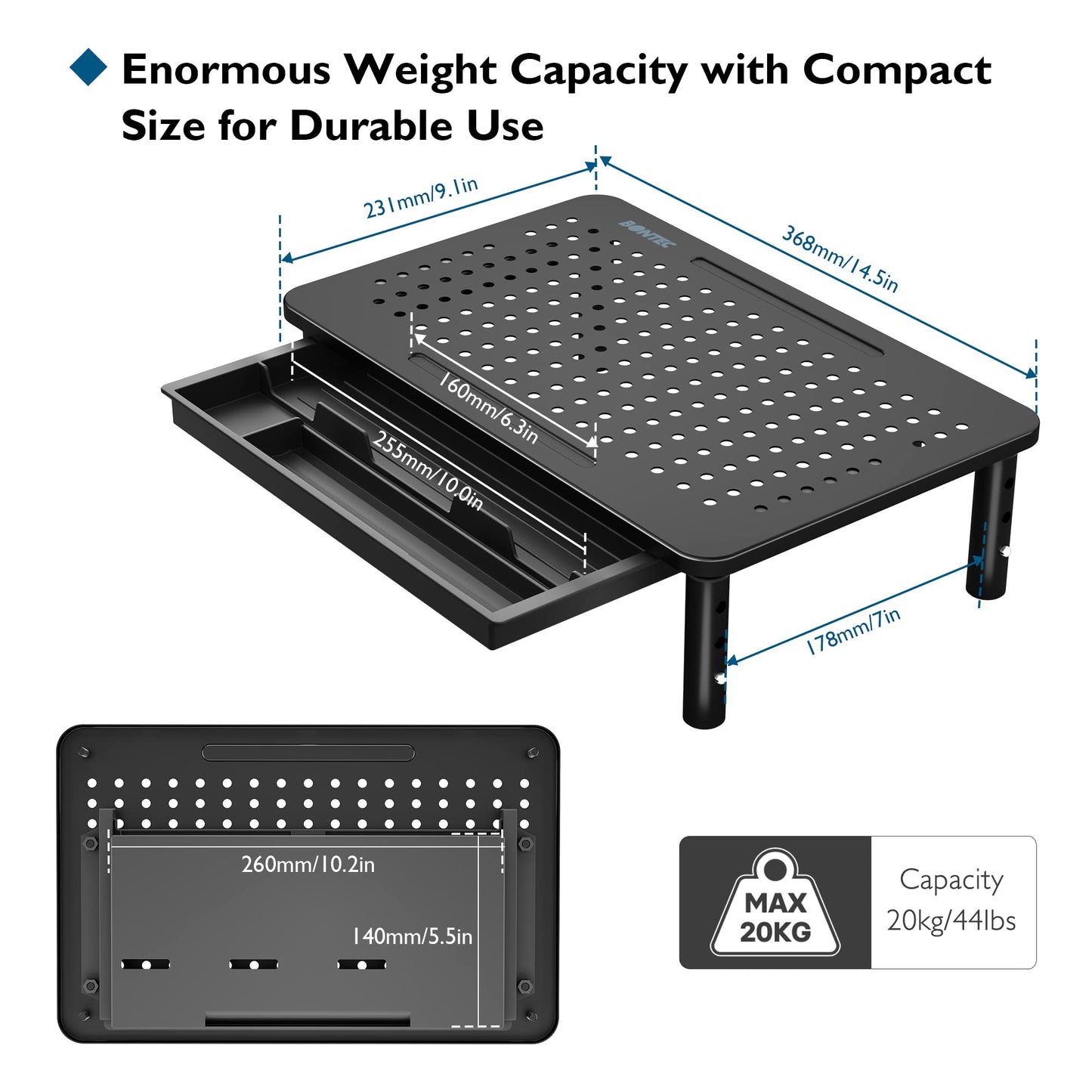 BONTEC 1 Pack Adjustable Monitor Stand Riser with Drawer, Ergonomic Mesh Platform Computer Monitor Stand for Desk, Ventilated Laptop and PC Stand with Cable Management, Supports up to 44lbs