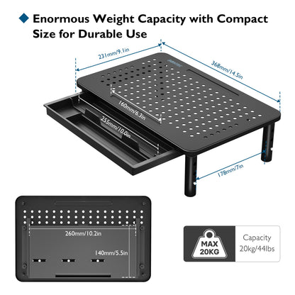 BONTEC 1 Pack Adjustable Monitor Stand Riser with Drawer, Ergonomic Mesh Platform Computer Monitor Stand for Desk, Ventilated Laptop and PC Stand with Cable Management, Supports up to 44lbs