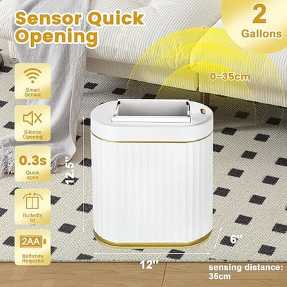 ELPHECO Bathroom Trash Can with Lid Butterfly, Motion Sensor Trash Can Bathroom Decor Automatic Garbage Can Wastebasket Bathroom Accessories, Kitchen, Living Room, Office, White Gold