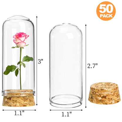Mezchi 50 Pack 40 ml Glass Cloche Dome, 3 Inch Small Glass Bottles with Cork Stoppers, Decoration Message Bottle Vial Cork for Candy, DIY Art Crafts, Wedding Party Favors