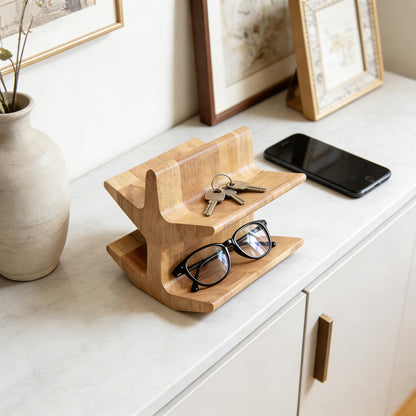 Remote Control Holder with 2-Tiers, Wooden Organizer Stand for TV/Streaming Remotes, Game Controllers, Glasses, Keys | Storage Caddy for Coffee Table, Living Room, Nightstand & Entertainment Center