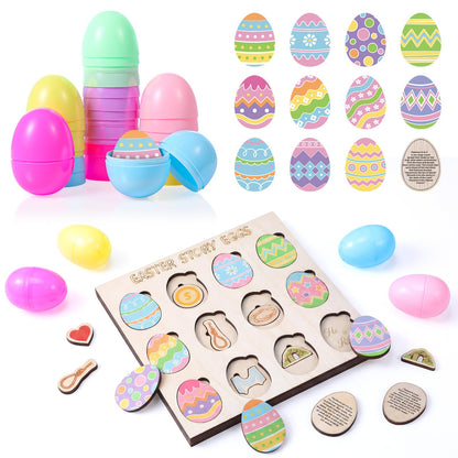Ceenna Resurrection Easter Story Game with Wooden Board, 12 Egg Cards, 11 Symbolic Puzzle, 12 Plastic Eggs, Interactive Resurrection Learning Activity for Kids Multi-layer Faith Based Easter Gift Set