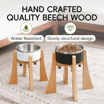 Elevated Bowl Stand 10-inch with Heavy Duty Beech Wood Made, Anti-Vomit Design for Medium Breed, Senior Dogs, Ergonomic Neck Protecting, Adjustable Diameter, Easy Clean Non Toxic