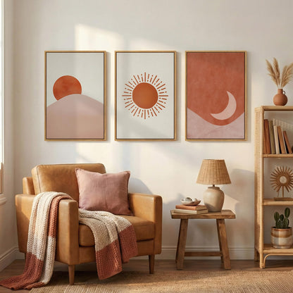 Framed Sun and Moon Boho Wall Art Bedroom, 3 Piece Abstract Minimalist Terracotta Canvas Painings Prints Artwork for Walls, Mid Century Modern Bohemian Pictures for Living Room Office Wall Decor, 16x24 Inch