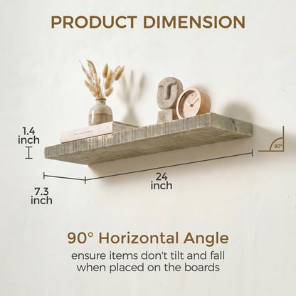 Axeman 24 Inch Rustic Wooden Floating Shelves for Wall|Solid Reclaimed Wood Wall Mounted Shelves with Invisible Brackets for Books Bathroom Kitchen Storage|8 Inch Deep|2 Pack, Grey