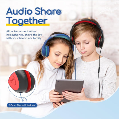 EarFun K1 Kids Headphones Wired with Microphone, 85/94dB Volume Limit Headphones for Kids, Portable Wired Headphone with Shareport, Stereo Sound Foldable Headset for School/Tablet/iPad, Black Red
