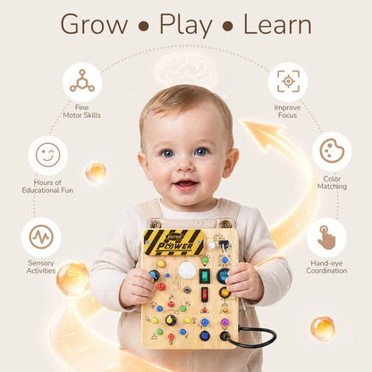 Joyreal Busy Board for Toddlers 1-3 - Montessori Toys for 1 2 3 Year Old, Wooden Sensory Activity Board with 10 Switches&19 Lights, Ideal Educational Travel Toy Gift for 1+ Year Old Boy&Girl Birthday