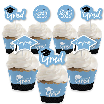 Big Dot of Happiness 2026 Light Blue Graduation Cupcake Decoration - Party Cupcake Wrappers and Treat Picks Kit - Set of 24