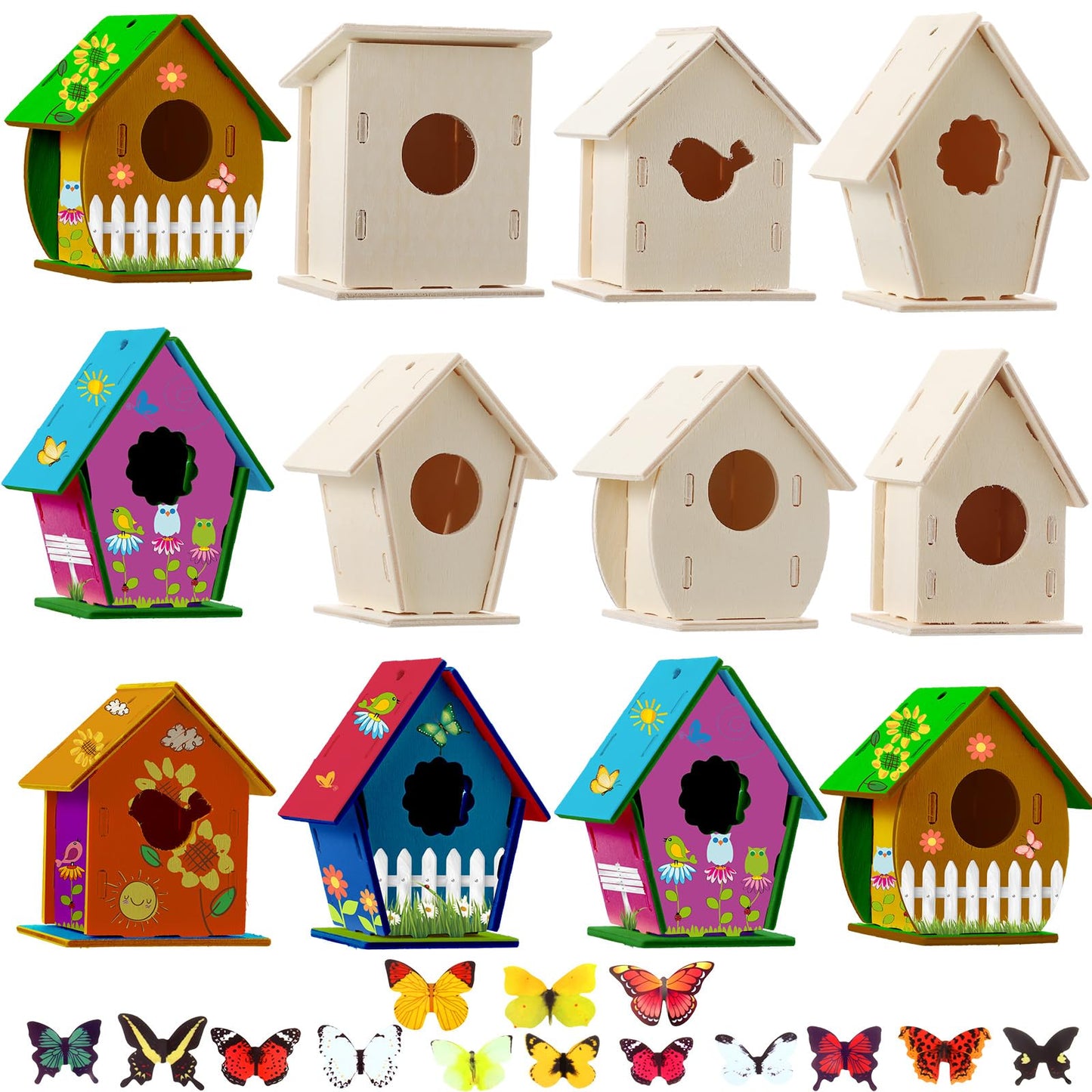 Sawysine 107 Pcs DIY Birdhouse Kits for Kids Ages 5-8 8-12, 48 Wooden Bird House Kits in 6 Shapes and 57 Butterfly Sticker for Children Summer Craft Art Activity, DIY Project(107,Multiple Entrance)