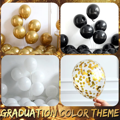 135Pcs Black Gold White Graduation Balloon Garland Arch Kit,with Explosion Star,Diploma,Trophy,Grad Hat,Photo Frame Foil Balloons for Congrats Class of 2026 Graduates Celebrations Party Decoration