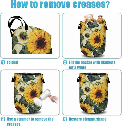 Retro Sunflower Laundry Basket, Floral Laundry Hamper Collapsible Oxford Cloth