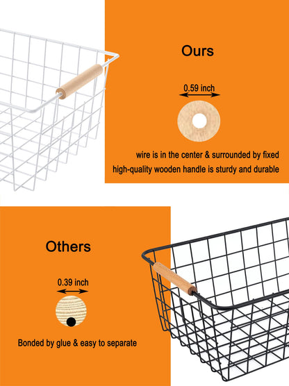 Wire Basket with Wooden Handle, Metal Utility Storage Basket for Organizing Kitchen Pantry Cabinets, Closet and Garage Shelves Drawers, Office Metal Basket Storage Organizer with Handle (White 2 Pack)