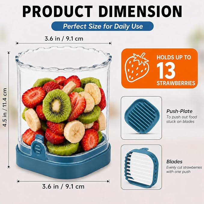 CUNSENR Strawberry Slicer, Fruit Slicer Cup with Stainless Steel Blades, Detachable Strawberry Cutter & Fruit Cutter for Strawberries, Banana, Egg, Cucumber, Mushroom, Quick Meal Prep - Blue