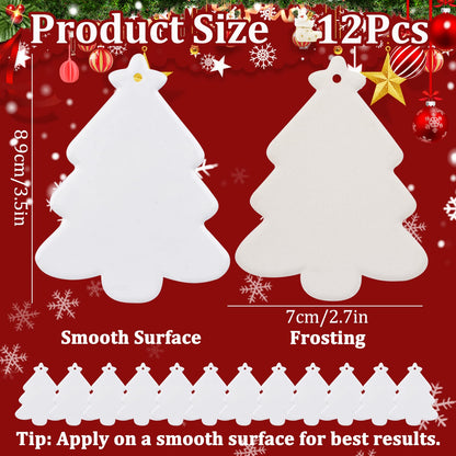 WANDIC Sublimation Ceramic Ornaments Blank, 12Pcs Christmas Tree Shaped Personalized Decoration Bulk White Ceramic Tile with Gold String for Crafting