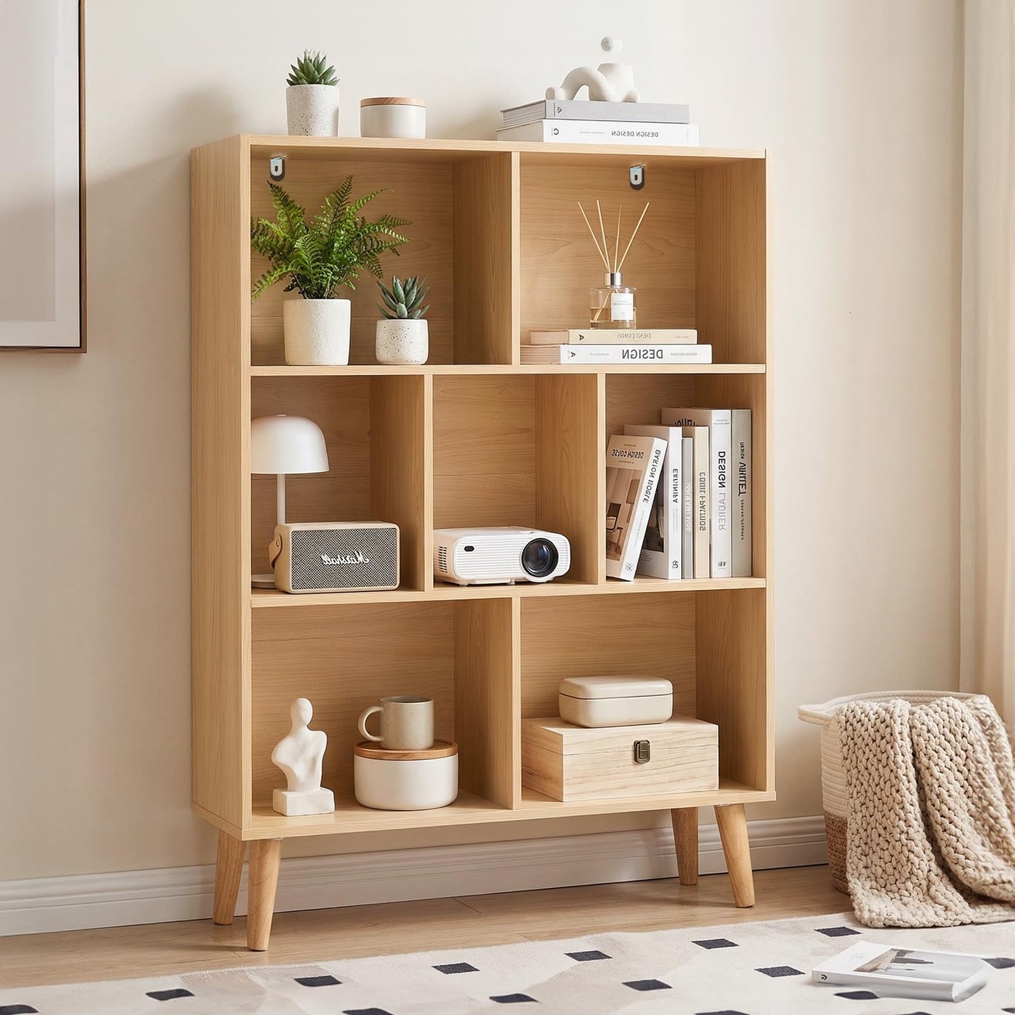 HAPPYMONT 3-Tier Bookcase, 7 Cube Modern Wooden Storage Organizer with Legs, Open Display Shelves for Living Room Bedroom Home Office, Freestanding Bookshelf, Natural Wood