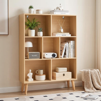 HAPPYMONT 3-Tier Bookcase, 7 Cube Modern Wooden Storage Organizer with Legs, Open Display Shelves for Living Room Bedroom Home Office, Freestanding Bookshelf, Natural Wood