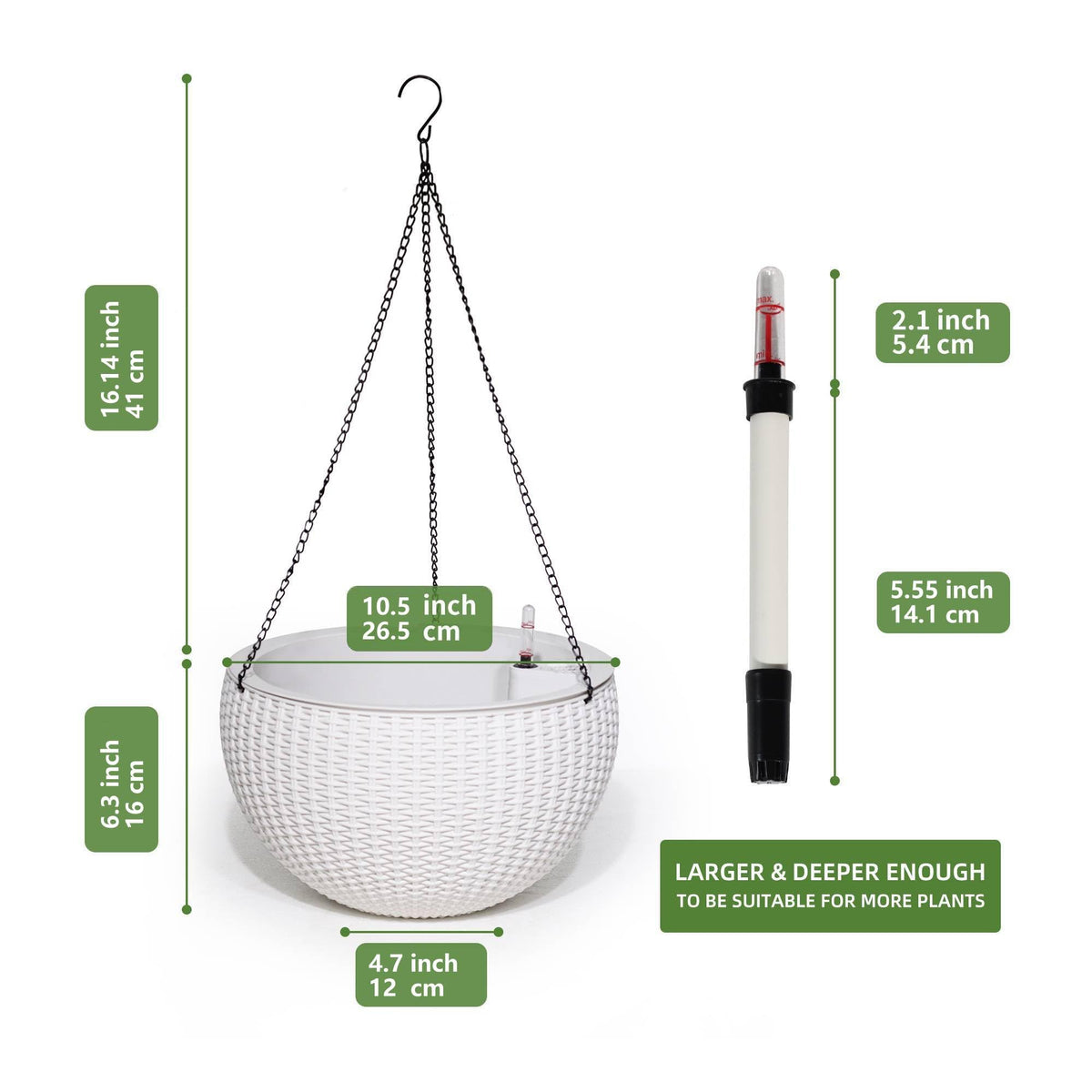 Dexceder 10.5 Inch Large Self Watering Hanging Planters Indoor Outdoor, Thickened Hanging Basket Flower Plant Pot with Water Level Indicator (White)