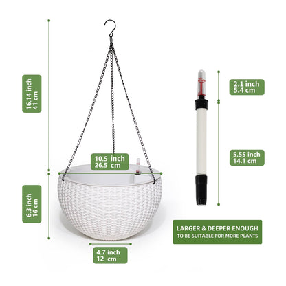 Dexceder 10.5 Inch Large Self Watering Hanging Planters Indoor Outdoor, Thickened Hanging Basket Flower Plant Pot with Water Level Indicator (White)