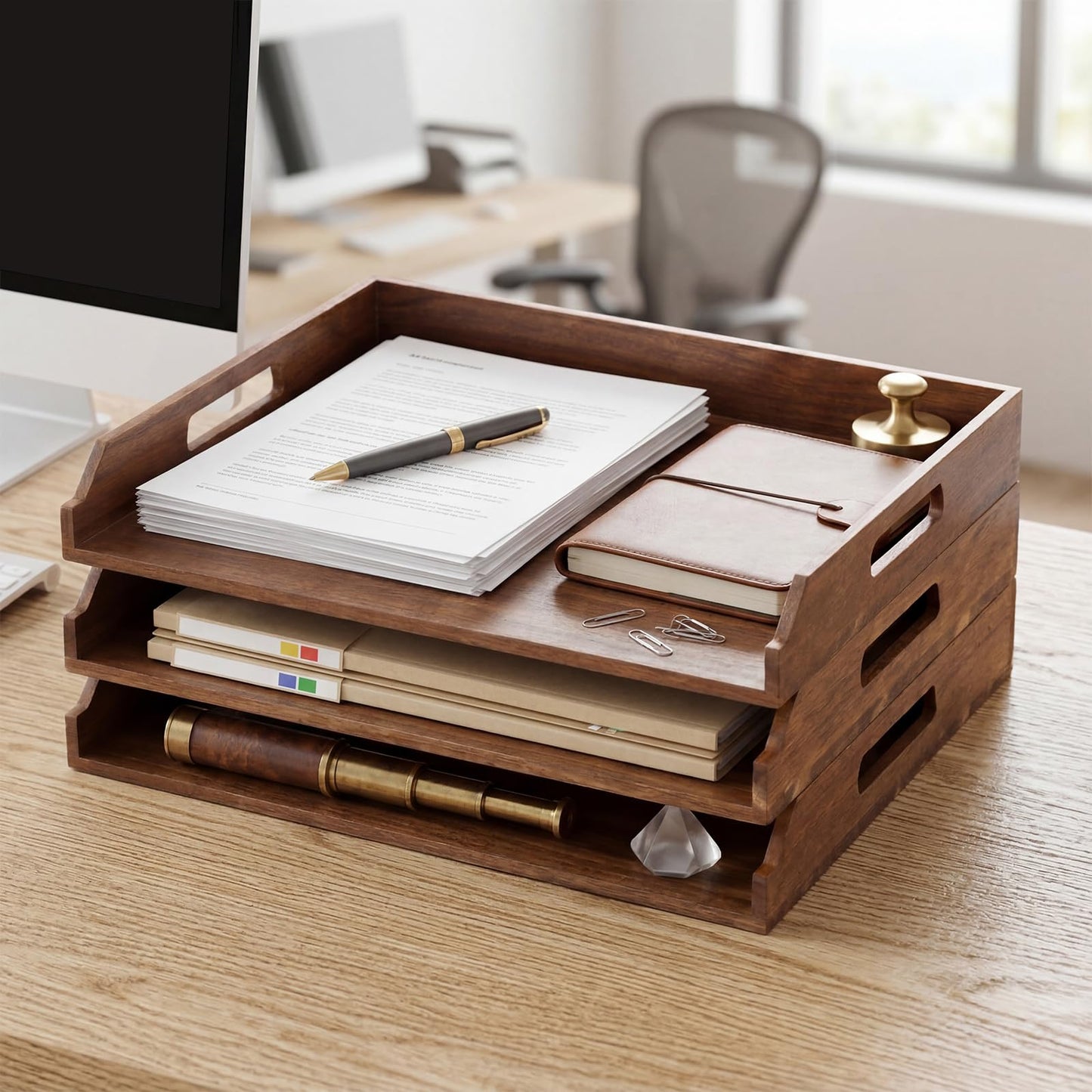 AceOrbit 3 Pcs Stackable Paper Tray Acacia Wood Desk Organizer Letter Tray 3 Tier Wooden File Organizer Desk Shelf for Documents, Letter Sorter, Envelopes and Magazine Holder