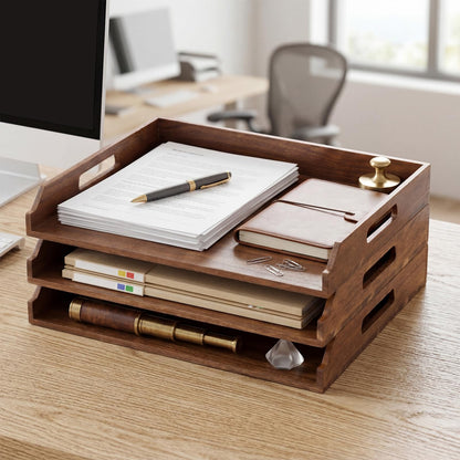 AceOrbit 3 Pcs Stackable Paper Tray Acacia Wood Desk Organizer Letter Tray 3 Tier Wooden File Organizer Desk Shelf for Documents, Letter Sorter, Envelopes and Magazine Holder
