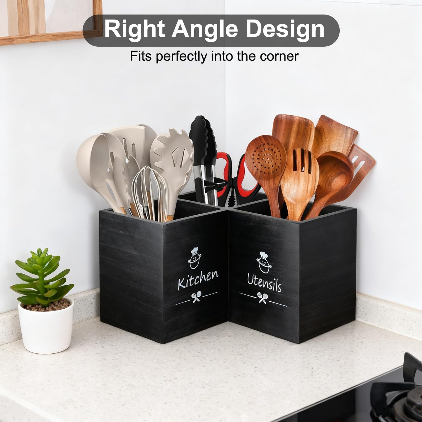 Wooden Kitchen Utensils Holder with 3 Compartments, Large Wooden Large Utensil Caddy Organizer for Counter, Utensil Organizer for Kitchen Countertop, Cooking Utensil Crock for Silverware Spoon Spatula
