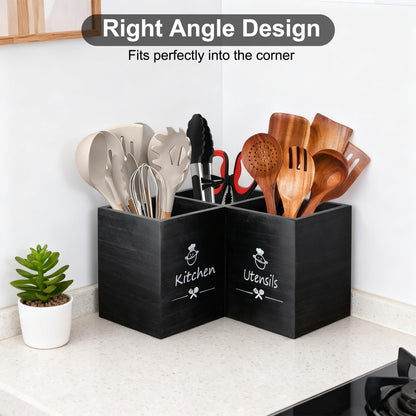 Wooden Kitchen Utensils Holder with 3 Compartments, Large Wooden Large Utensil Caddy Organizer for Counter, Utensil Organizer for Kitchen Countertop, Cooking Utensil Crock for Silverware Spoon Spatula