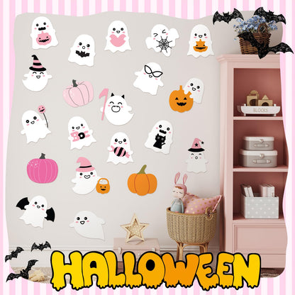 Seajan 200 Pcs Halloween Ghost Cutouts Cute Pink Ghost Pumpkin Paper Cut-Outs Halloween Bulletin Board Decor with 400 Glue Points Pink Pastel Decorations for Home DIY Art Craft Wall Party